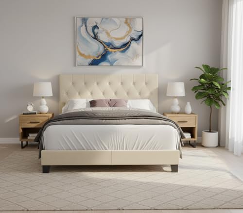HOME DESIGN Dillon Twin Tufted Upholstered Panel Bed Frame with Button Tufting…
