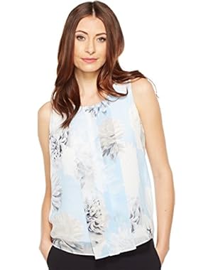 Womens Sleeveless Printed Top w/ Chiffon Overlay