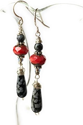 Gemstone Red &amp; Black Dangle Earrings - Snowflake Obsidian &amp; .925 Sterling Silver - Semi Precious Tear Drop Natural Gemstones - Handmade Drop Earrings - Christmas Gift, Hanukah Gift, Gift for Women