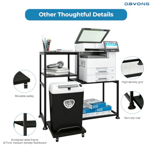 DAYONG Printer Stand with Storage Shelves, Heavy Duty Printer Cabinet, 3-Tier Office Organiser, Printer Shredder Stand for Home Office, Table for Fax Machine/PC Tower (Black)
