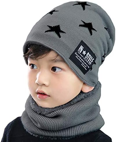 2Pcs Kids Winter Knitted Hats+Scarf Set Warm Fleece Lining Cap for 5-14 Year Old Boys Girls