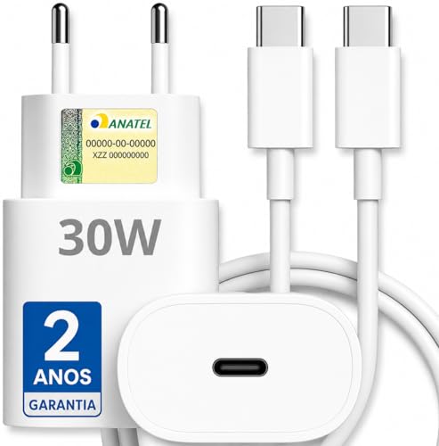 Carregador Turbo 30W Compatível iPhone 15/16/17-16 PRO, 16 PRO MAX iPhone 15 PLUS 15 PRO 15 PRO MAX, GALAXY - Todos ANDROID Entrada TIPO-C + Cabo Reforçado USB-C - Fast Power