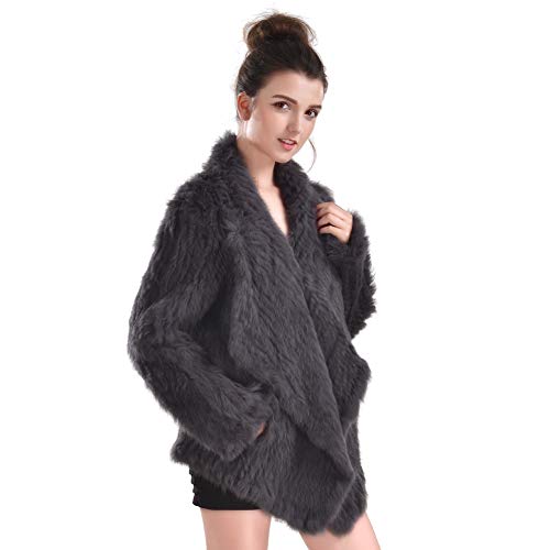 VEMOLLA Women's Genuine Knit Rabbit Fur Coat Jacket Outwear with Pocket - Thumbnail 2