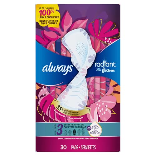 ALWAYS RADIANT FEMININE PADS FOR WOMEN, FLEXFOAM PADS WITH WINGS, SIZE 3, EXTRA HEAVY ABSORBENCY, LIGHTLY SCENTED, 30 COUNT (PACKAGING MAY VARY)