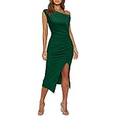 OWIN Women's Sexy Elegant Off Shoulder Sleeveless Side Slit Ruched Bodycon Wedding Guest Cocktail Party Midi Dress