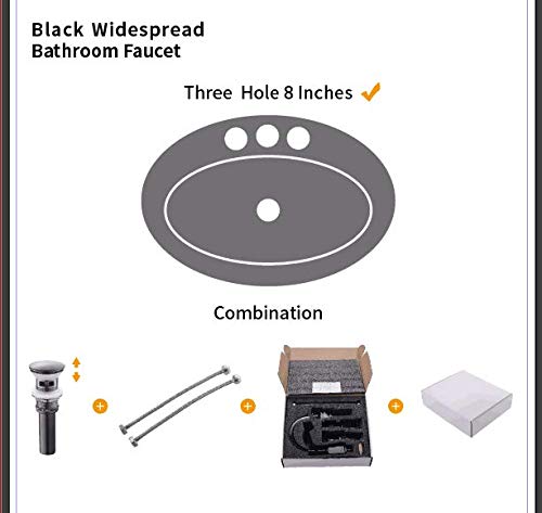 Etel Two Handle Black Widespread Bathroom Faucet, 3 Hole Widespread Bathroom Lavatory Sink Faucet, 8 Inch High Arc Cross Handle Roman Tub Faucet with Pop Up Drain Y6899 - Thumbnail 4