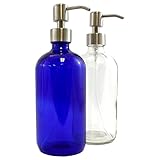Clear & Cobalt Blue 16-Ounce Glass Bottles with Stainless Steel Pump Nozzles Included (2 Pack); Empty Multipurpose Bottles Ideal for Lotion & Liquid Soap