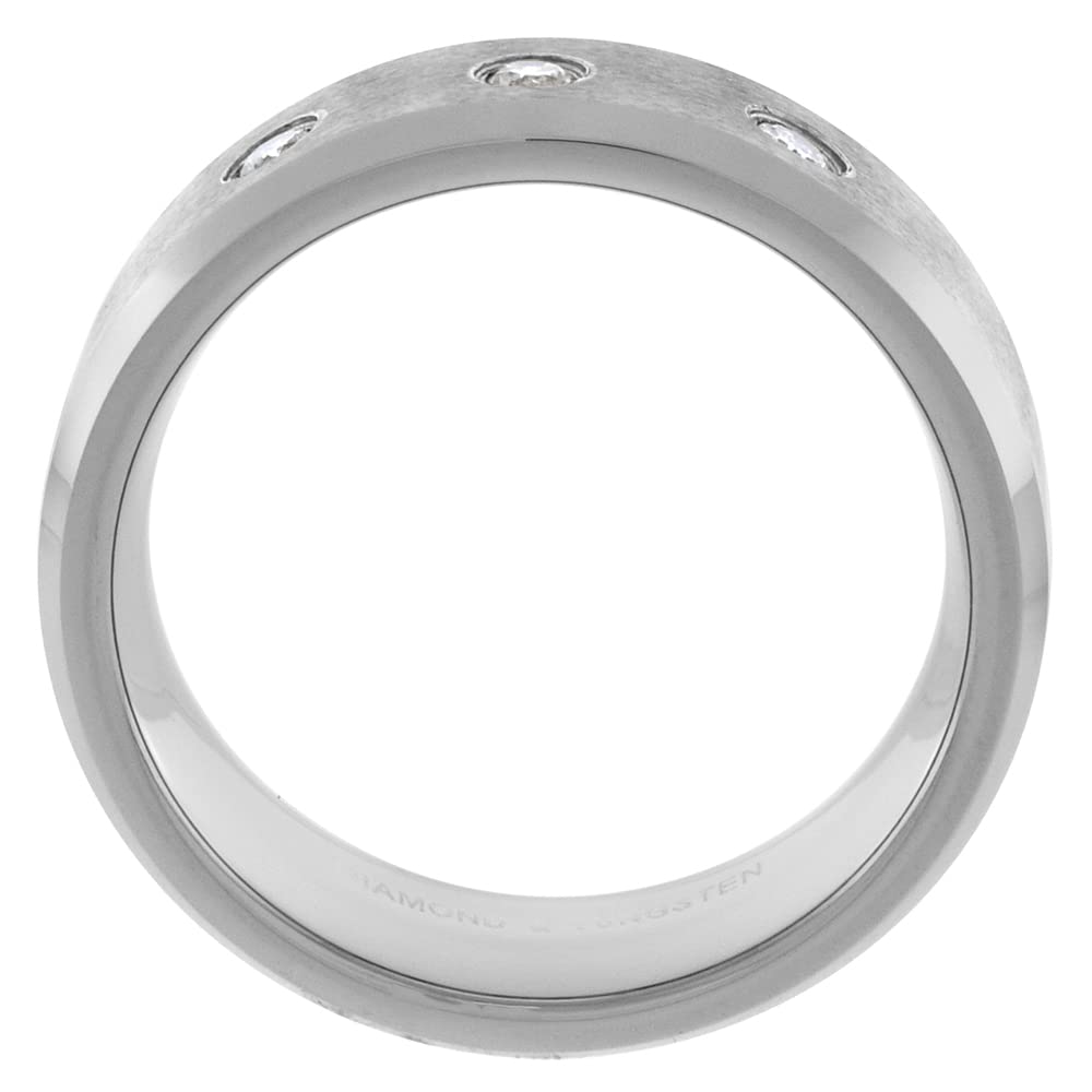 Sabrina Silver 8mm Tungsten Carbide 3 Stone Diamond Wedding Ring 0.22 cttw Beveled Edges Comfort fit sizes 8 to 14