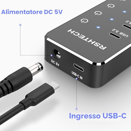 USB 3.2 Hub Powered, RSHTECH 7-Port USB 3.2/C Hub with 3*10Gbps Data Ports (USB-A, 2*USB-C), 4*5Gbps USB 3.0 Ports, Touch Switch, 2-in-1 Data Cable, 15W(5V/3A), RSH-ST07C