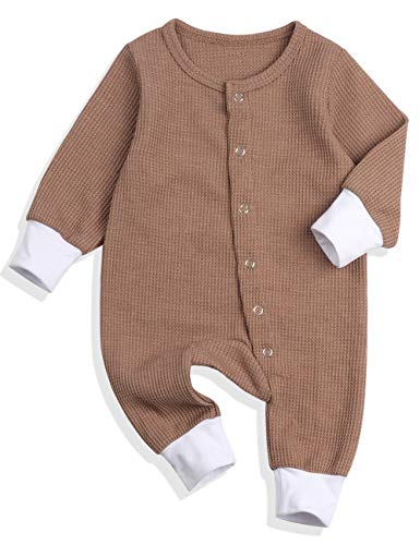itkidboy Newborn Baby Boy Girl Cute Solid Color Long Sleeve Romper Jumpsuit with Bottons Outfits Clothes(3-6M) Brown - Thumbnail 7