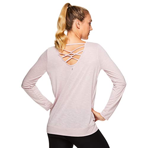 Gaiam Women's Long Sleeve Yoga & Workout T Shirt - Athletic Gym Top with Strappy Open Back Detail - Tessa Violet Ice Pink, Large