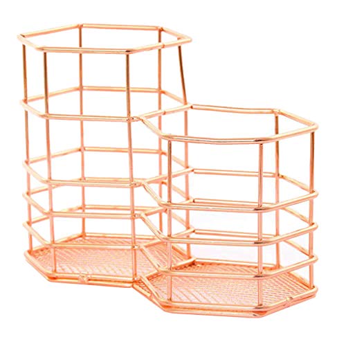 TOOGOO Nordic Wrought Iron Storage Basket Fashion Creative Double Hexagonal Pen Holder Storage Box Student Office Supplies Storage Rose Gold