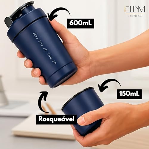 Coqueteleira Aço Inox 600ml com Compartimento Inferior ELLYM NUTRITION Misturador Ideal Shakes (Azul)