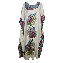 Mogul Interior Women Caftan Maxi Dress Off White Floral Print Kimono Kaftan One Size