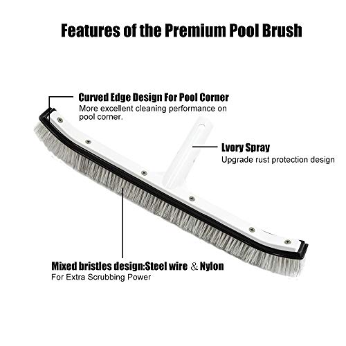 Swimming Pool Wall & Tile Brush , Combo Nylon and Stainless Steel Wire Brush for Cleaning Walls, Tiles & Floors, 18" Milky White Aluminum Back Hybrid Brush Head with EZ Clips (Pole not Included)