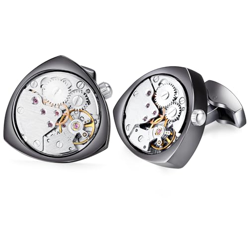 HONEY BEAR Mens Vintage Watch Movement Steampunk Cufflinks with Box-Working,Triangle Black