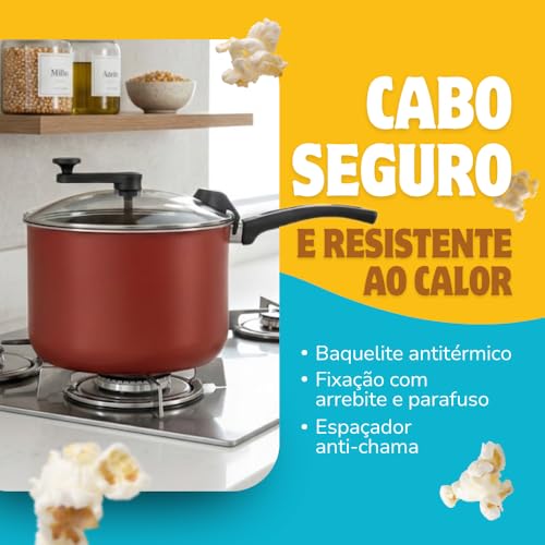 Pipoqueira Antiaderente 3,6 Litros Panela De Pipoca 20cm Alumínio Com Tampa de Vidro e Saída de Vapor para Fogão a Gás e Elétrico Modelo Grande