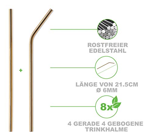 Pentaton Edelstahl Strohhalme 8 Wiederverwendbare Trinkhalme 3 Reinigungsbürsten Metalltrinkhalme Länge 21,5cm Farbe… – Bild 2
