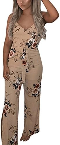 VIEWIM Women's Spaghetti Strap V Neck Floral Split Long Pants Jumpsuits Rompers with Belt