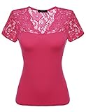 Zeagoo Womens Floral Lace Top Fitted Casual V Neck Short Sleeve Blouse