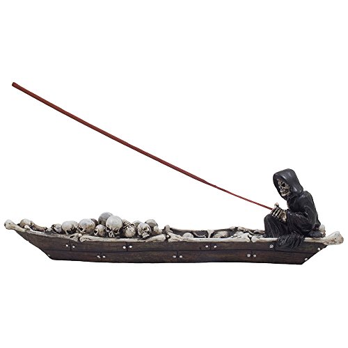 Home-n-Gifts 12-inch Scary Grim Reaper in Fishing Boat of Skulls Incense Holder, Multi-colored