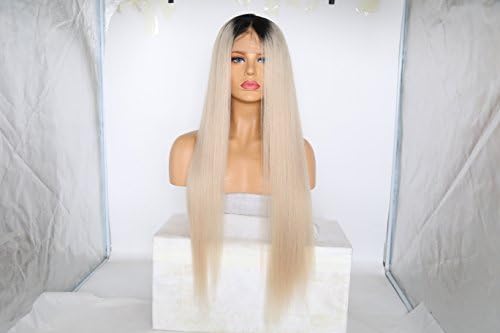 Rongduoyi Hot Selling Long Silky Straight Ombre Synthetic Lace Front Wigs For Black Women Heat Resistant With Middle Part And Natural Hairline(24inch,#1b/light blonde)