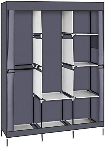 Clothes Closet Portable Cloth Wardrobe Storage Organizer Non-Woven Fabric Clothes Cabinet Shelf with Hanging Rod, Quick and Easy to Assemble 49.2 x 17 x 70.9 Inch, Gray