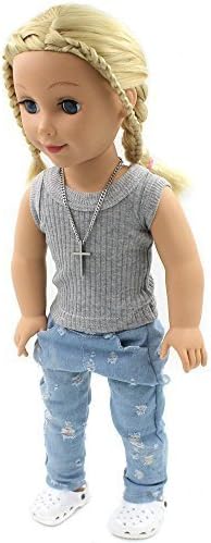 18" American Girl Clothes Cross Pendant Necklace Gray Tank Top Vest T Shirt Blue Ripped Jeans Cotton Costume Outfit 3 Pcs Set(doll or Shoes Are Not Included)