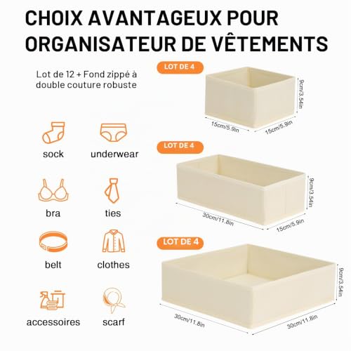 Homsorout 12 Pack Closet Organizer, Drawers, Foldable Fabric Storage Box, Underwear Organizer, Wardrobe Organizer for Clothes, Socks, Beige