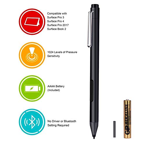 Surface Pen, ZAMO Active Surface Stylus Pen with 1024 Levels of Pressure Sensitivity Compatible with Surface Surface 3/4/Pro5/6/Book/GO/Studio, Including AAAA Battery & 2 Pen Tips-Black
