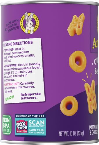 ANNIE’S ORGANIC BERNIE O’S, CANNED PASTA IN TOMATO AND CHEESE SAUCE, 15 OZ
