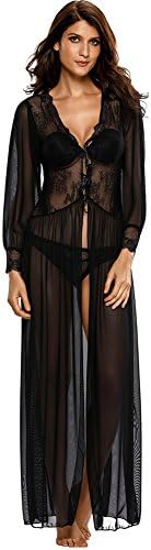 Fandecie Ladies Sheer Long Sleeve Lace Robe with Thong Sexy Lace Mesh Splicing Nightgown Dressing Gown Sleepwear Nightwear