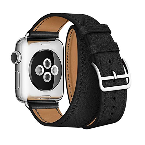 Cywulin Double Tour Band Compatible with Apple Watch 38mm 40mm 42mm 44mm, Genuine Leather Replacement Loop Strap Bracelet for iWatch Series 4 3 2 1 Men Women Stainless Steel Clasp (38mm/40mm, Black)