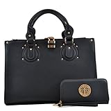 Dasein Designer Faux Leather Padlock Handbag Lock Satchel Purse Briefcase Tablet iPad Bag (AP8808 2PCS- Black)