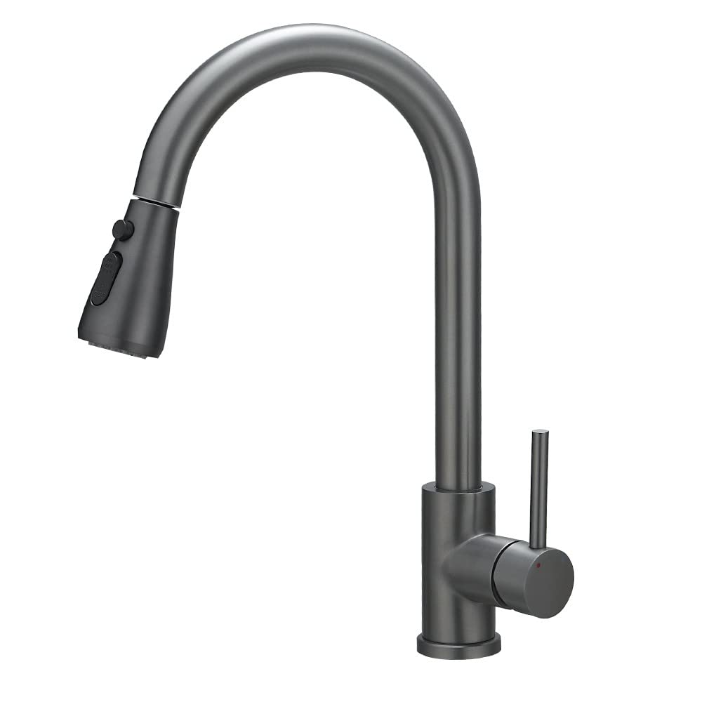 Heable Kitchen Sink Mixer Tap with Pull Down Sprayer Grey, Single Handle High Arc Pull Out Kitchen Taps, Kitchen Faucet with UK Standard Fittings