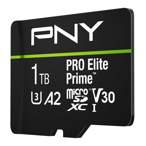 PNY Tarjeta microSDXC 1TB Pro Elite Prime Class 10 U3 V30 A2 + Adaptador SD - Hasta 200MB/s, Class 10, U3, V30, A2, 4K UHD, Full HD, UHS-I