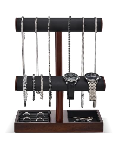 ProCase Watch Holder Stand for Men, Gift for Him Dad Father Boyfriend, Wood Jewelry Display Rack, Necklace Hanger Organizer for Chains Bracelets Rings -Brown