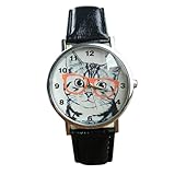 Wensltd Unisex Scholar Cat Pattern Leather Band Analog Quartz Dial Wrist Watch (A)