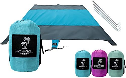 Beach Blanket by Campanzee | Sand Free, Oversized 9 x 10 Ft, and Water Proof For Outdoor Use as a Camping, Festival, or Picnic Blanket | 5 Sand Pockets, Rip-Stop Nylon Fabric, and 4 Anchor Stakes