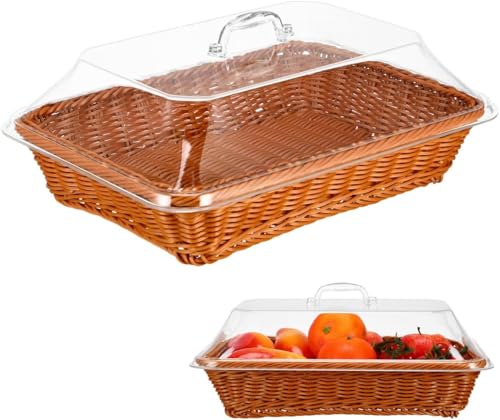 Cesta de pão com tampa tecida imitação Rattan tampa acrílica mesa comida servindo cesta de frutas para cozinha restaurante piquenique