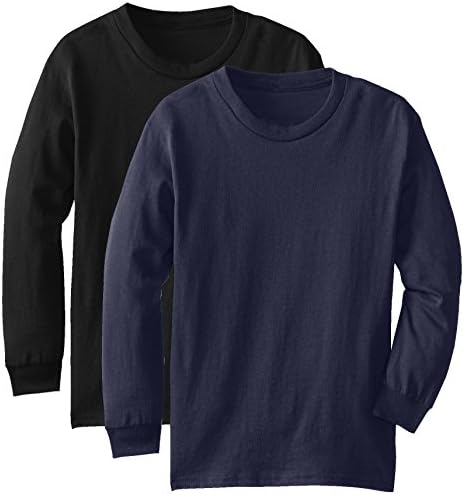 Fit Youth Long Sleeves Cotton TShirt - Boys Girls 7-16 Yrs Old - Pack Deal (Small) Navy, Black