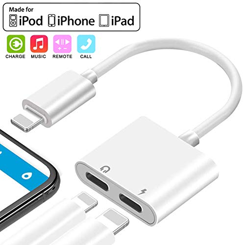 Headphone Jack Splitter Adapter for iPhone Xs/Xs Max/XR/8/8 Plus/X/7/7 Plus Adapter Audio & Charger & Call & sync Cable For iPhone Dongle Connector 2 in 1 Splitter Adapter Support All IOS System-White