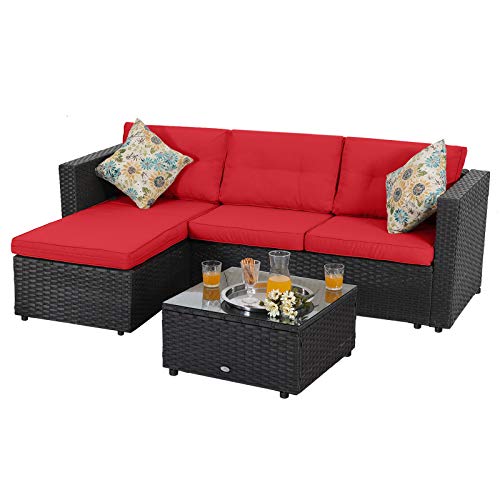 PHI VILLA Patio Sectional Manual Weaving Wicker Small Outdoor Furniture Sofa Set with Upgrade