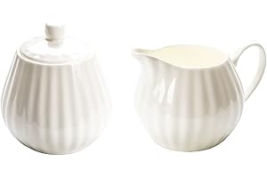 Bicuzat White Strip Porcealin Sugar Bowl and Creamer Set with Lid Creamer Serving Set Coffee Serving Set-10 OZ