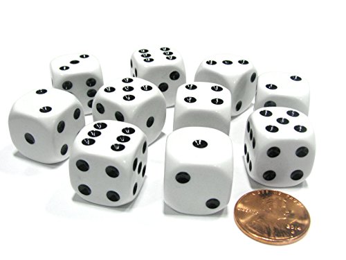 Koplow Games Set of 10 Six Sided Round Corner Opaque 16mm D6 Dice - White with Black Pip