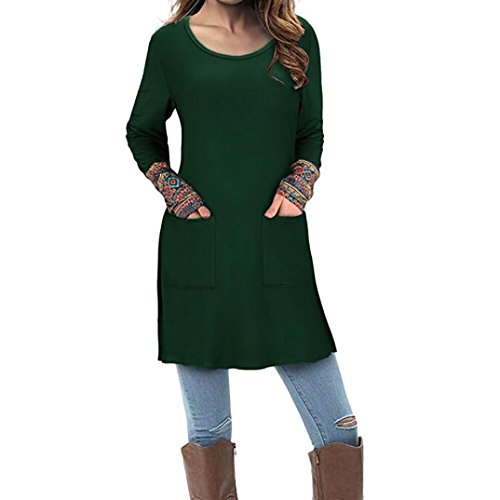 Women Long Sleeve Tunic dress Patchwork knit pullover Shirt with Pocket (US4/S, Green)