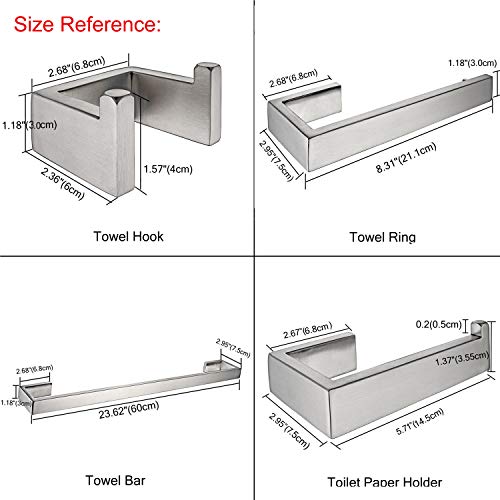 Nolimas 4-Piece Brushed Nickel Bathroom Hardware Accessories Set Including 24 inchTowel Bar Toilet Paper Holder Towel Ring Robe Hook SUS 304 Stainless Steel Wall Mounted Square Style,Rustproof - Thumbnail 6