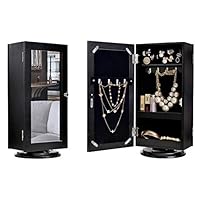 DELMANGO Desktop Jewelry Storage Cabinet Table with Mirror,Rotatable Makeup Cabinet in Top,Double Door Sided Countertop Cabinet,Black