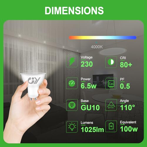 GY GU10 LED Bulb 6.5W (Eq. 100W) 1025LM 4000K Neutral White, Non-Dimmable, 110 Degrees Beam Angle – GU10 LED Bulbs Pack of 10