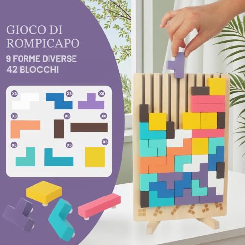 Tetris Wooden Stacking Game Educational Toys with 10 Cards Intelligence Jigsaw Puzzle Children 3 4 5 6 Years Old Colorful Geometric Blocks Tetris Educational Gift